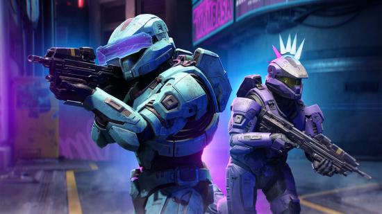 Halo Infinite players decked out in Cyber Showdown cosmetics