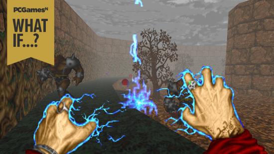 The mage blasting demons with blue magic in Hexen