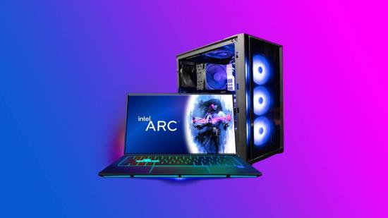 Laptop and desktop PC with Intel Arc Alchemist logo on screen