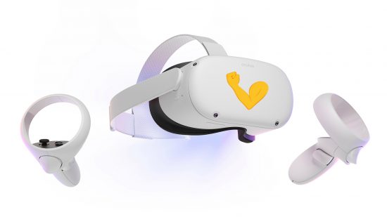 An arm emoji sits on the front of an Oculus Quest 2 VR headset