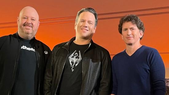 Aaron Greenberg, Phil Spencer, and Todd Howard pose for a photo together