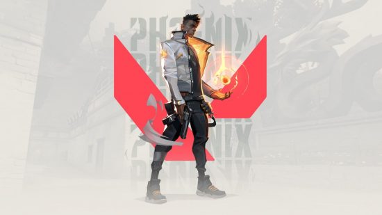 Liste de niveau valorant: Phoenix, un agent de niveau A, devant une toile de fond légère portant un V rouge, tenant une boule de feu au-dessus de sa main gauche
