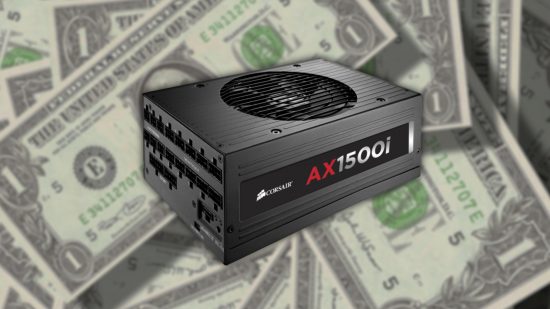 A Corsair AX1500i power supply unit sits in front of a blurred pile of US dollars