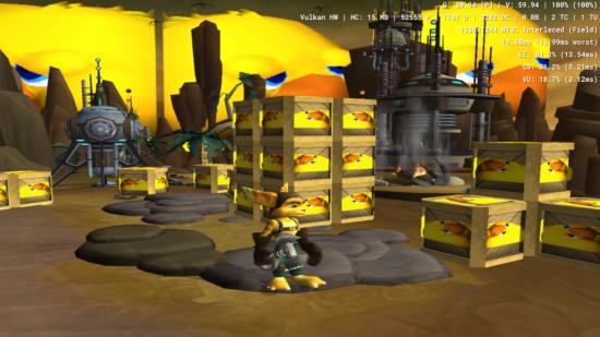 Ratchet & Clank, but with the crate textures replaced by fat chocobos using PCSX2