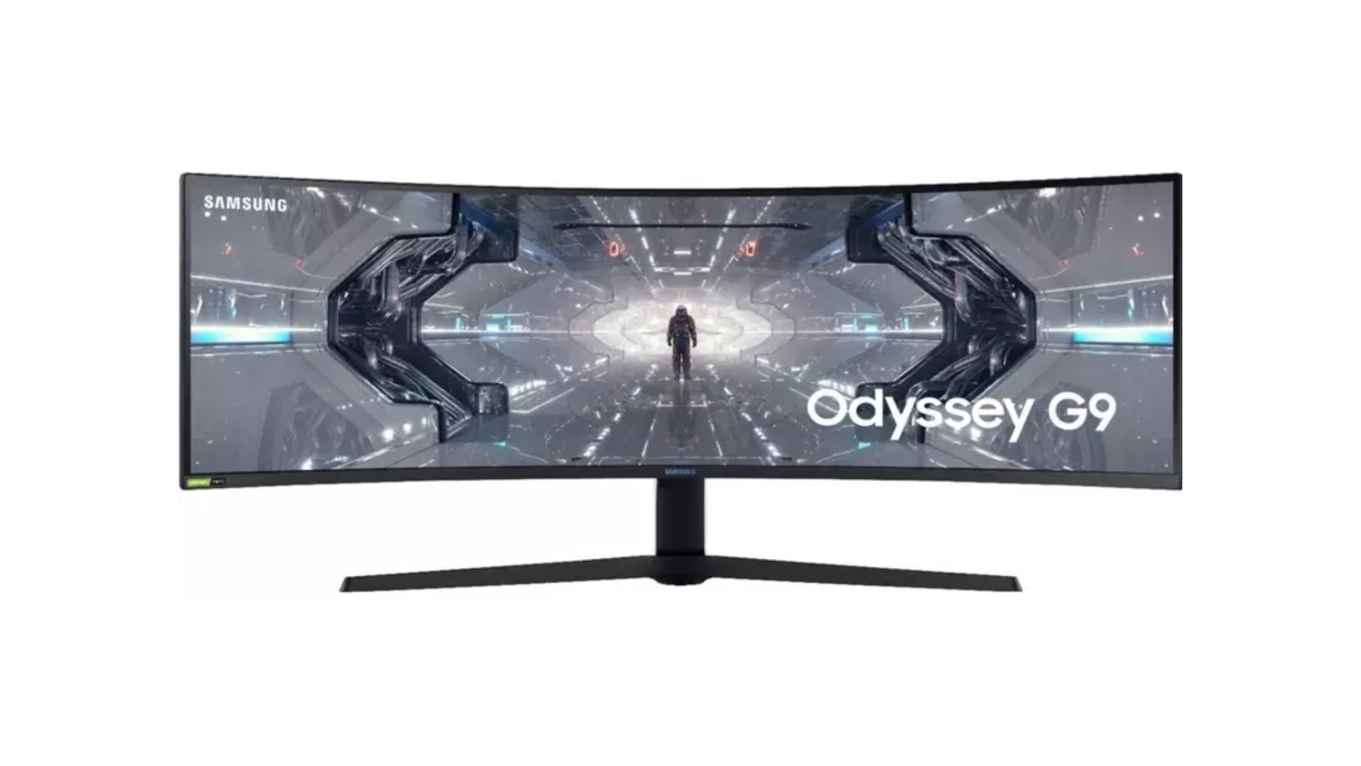 Curved gaming monitor Samsung Odyssey G9 on a white background.