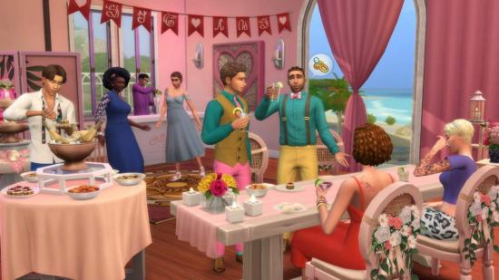 A wedding reception taking place in The Sims 4