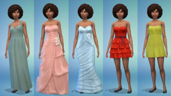 A sim in a variety of dresses