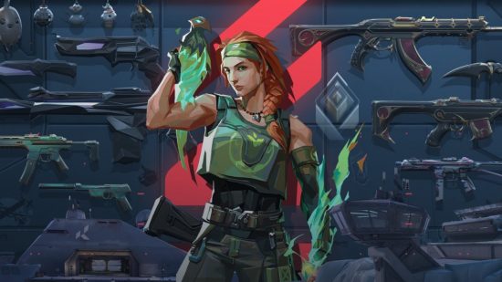 Seznam úrovní Valorant: Skye, agent A-úrovně, nosí zelenou na modré a červené pozadí, protože ruce obklopují zelené plameny