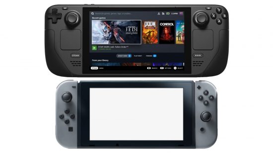 A Steam Deck sits above a Nintendo Switch console on a white background