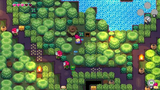 A chicken explores a lush green pixel-art forest in Super Dungeon Maker.