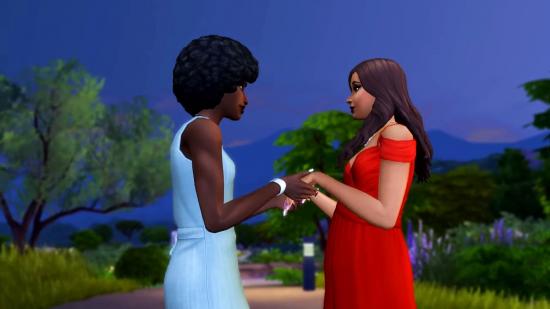Dom and Cam in The Sims 4's trailer for My Wedding Stories