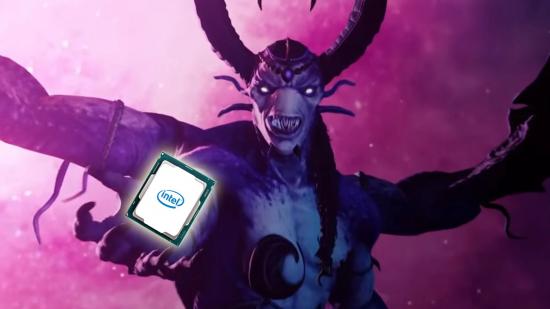 Total War Warhammer 3's Slaanesh holding glowing Intel Alder Lake CPU