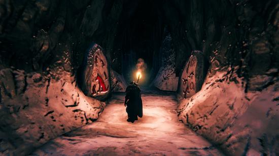A Valheim player explores the new Frost Caves on the PTR