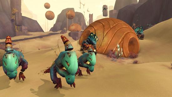 Some WoW creatures from Eternity's End trot across the desert