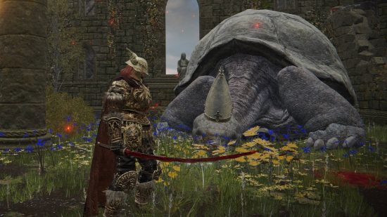 Elden Ring spells - the player is standing next to a giant turtle with a bishop's hat in an abandoned church.