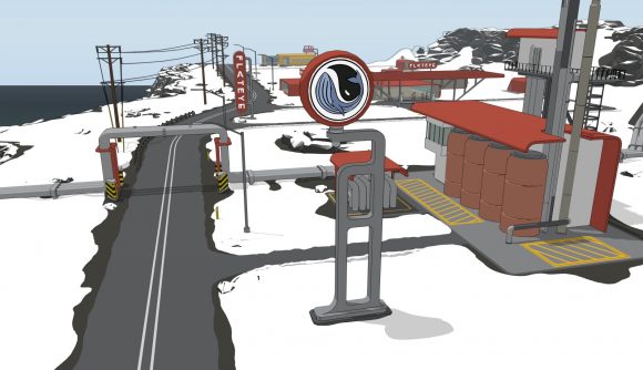 A gas station with a red roof and a sign emblazoned with a blue whale is seen in narrative management game Flat Eye.