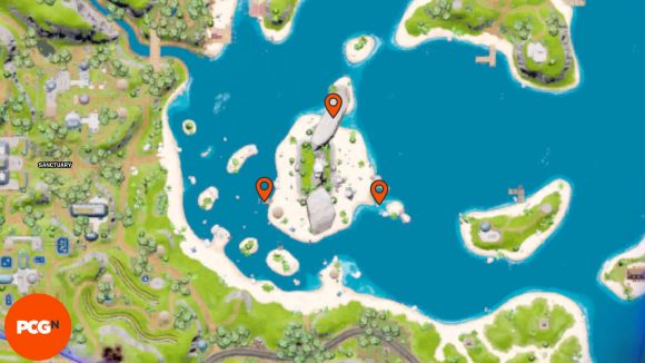 Orange pins showing all three Fortnite Omni Chips locations in Mighty Monument.