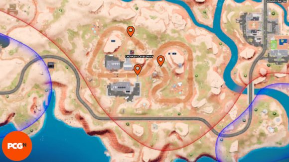 Orange pins showing all three Fortnite Omni Chips locations in Chonker's Speedway.