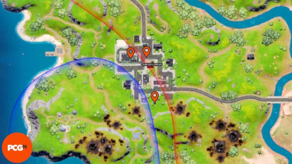 Orange pins showing all three Fortnite Omni Chips locations in Greasy Grove.