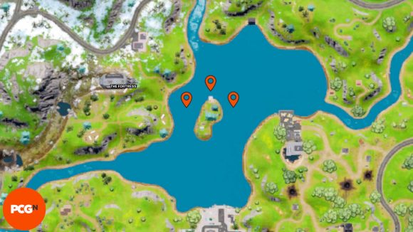 Orange pins showing all three Fortnite Omni Chips locations in Loot Lake.