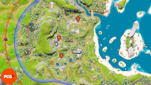 Orange pins showing all three Fortnite Omni Chips locations in Sanctuary.