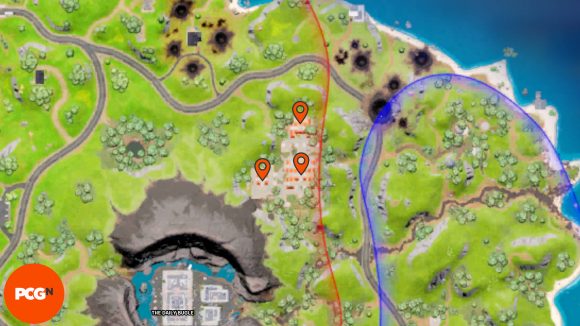 Orange pins showing all three Fortnite Omni Chips locations in The Temple.