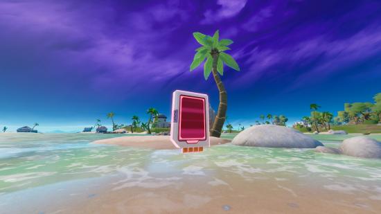 One of the floating red Fortnite Omni Chips locations is next to a deserted island with a palm tree.