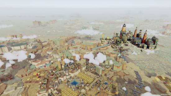 A flying city soars above a stylized desert landscape in Airborne Kingdom.