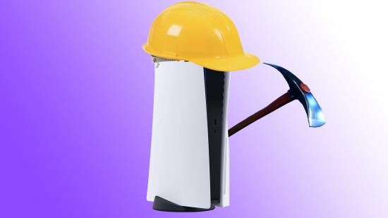 AMD crypto mining rig: PlayStation 5 (PS5) with yellow hard hat and pickaxe on purple backdrop