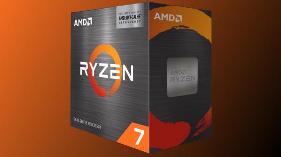 AMD Ryzen 7 5800X3D: the retail packaging against an orange/black background