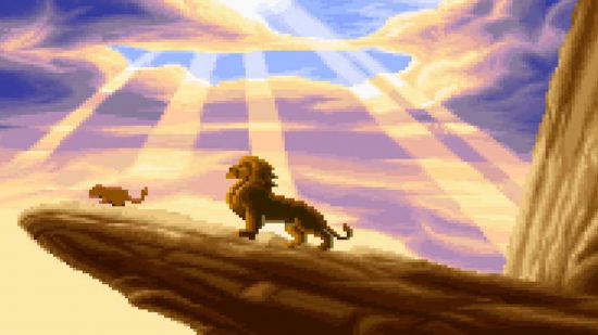 Simba and Mufasa on Pride Rock in The Lion King, one of the best Disney games, and moves, of all time.