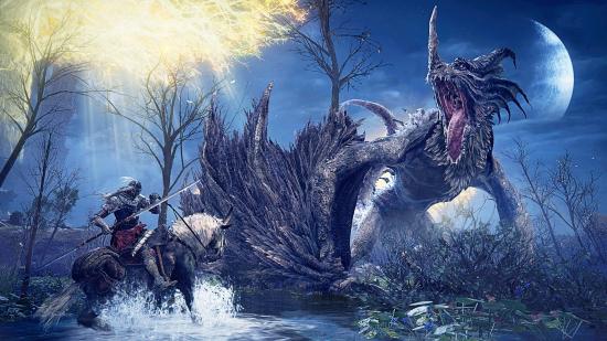 Best open-world games: A large fantasty monster howls in front of the moon at midnight