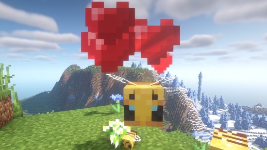 Cách nuôi ong Minecraft: Một con ong trưởng thành ở chế độ tình yêu, với trái tim màu đỏ xuất hiện trên đầu của nó