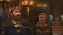 A king with improved eyes appears in the character panel in Crusader Kings 3.