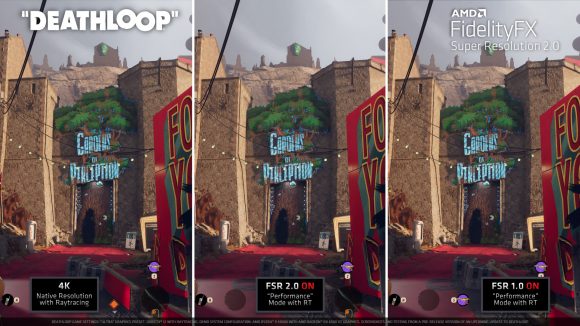AMD FSR 2.0: A screenshot from Deathloop, running at Ultra settings, ray tracing enabled, comparing a native 4K image to FSR 1.0 and FSR 2.0 in their performance modes
