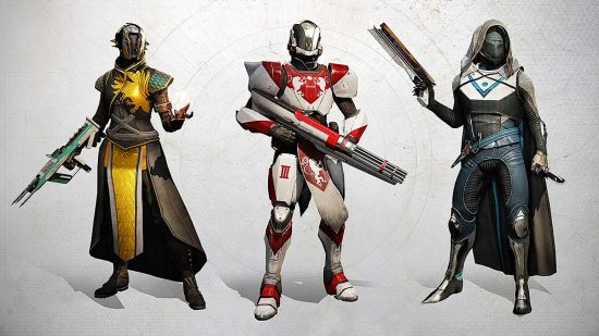 Guía de clases y subclases de Destiny 2: He tres clases principales de Destiny 2: Warlock, Titan y Hunter posando en una armadura clásica