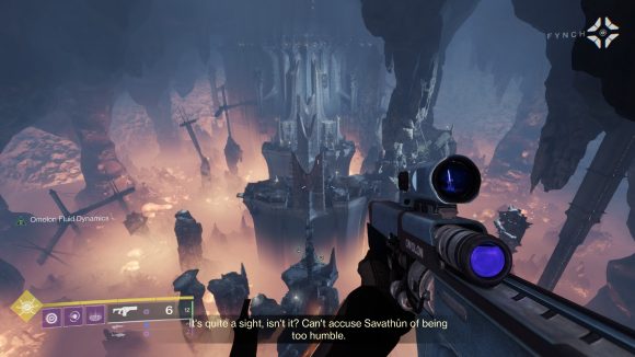 Savathun's temple to herself, a vast black fortress lit red from below inside an underground cavern, looms before the player in The player prepares to snipe a distant Scorn in Destiny 2 The Witch Queen