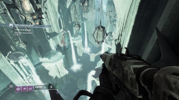 Waterfalls spill into a vast canal below Savathun's fortress in The Lightbane, one of two new strikes in Destiny 2 The Witch Queen