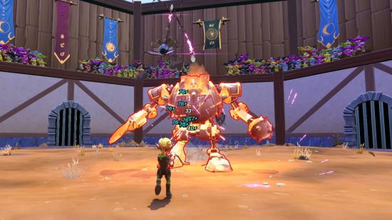 A huntress takes on a towering Goblin Mech boss in Dungeon Defenders: Going Rogue