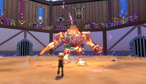 A huntress takes on a towering Goblin Mech boss in Dungeon Defenders: Going Rogue