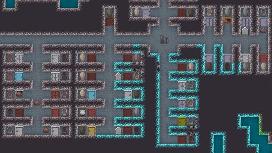Differently coloured furniture and doorways are shown in a new graphical Dwarf Fortress settlement.