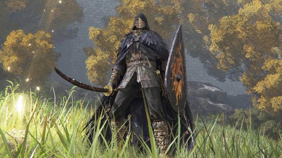 A character in Elden Ring standing next to a Site of Grace wearing Raven armour
