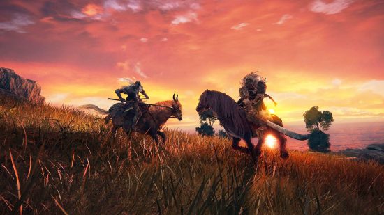 Elden Ring Ashes of War - Two soldiers on horseback fight as the sun sets.