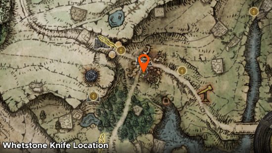 एल्डन रिंग एशेज ऑफ़ वॉर - एल्डन रिंग मैप के साथ एक नारंगी पिंग हाइलाइटिंग के साथ जहां वेटस्टोन चाकू को ढूंढना है।