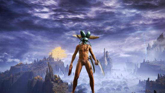 An Elden Ring player character wearing a scarab beetle as a helmet and holding a whip in their right hand, there's a lilac-hued vista behind them