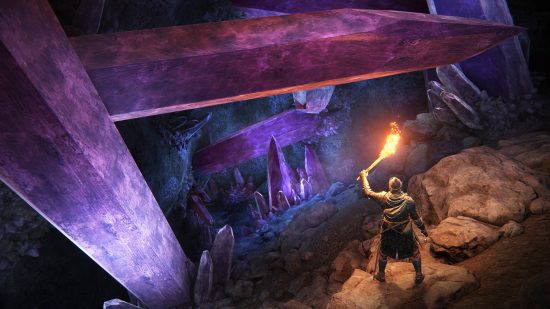 Elden Ring smithing stones - a Tarnished is using his torch to light up the crystals in the mines ahead.