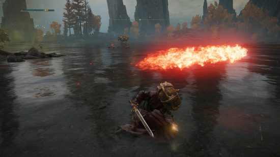 Elden Ring spells - crouching in a lake and throwing a line of fire with the flame sling spell