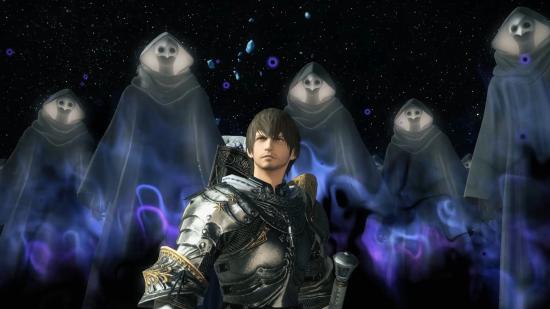 FFXIV villains: A player character surrounded by robed Ascians