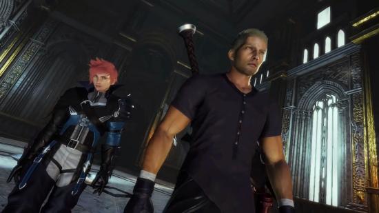 Final Fantasy Origin lore: the trio of Jack, Jed, and Ash walk towards a throne to battle Chaos