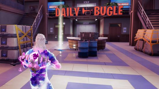 Fortnite Battle Bus Plans Locations: a purple soldier looking towards the Daily Bugle logo